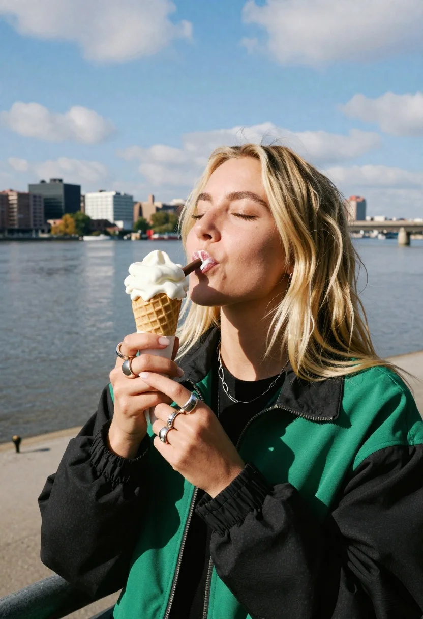 Woman With Blonde Hair Stands Outdoors Holding Ice Cream Cone reference photo