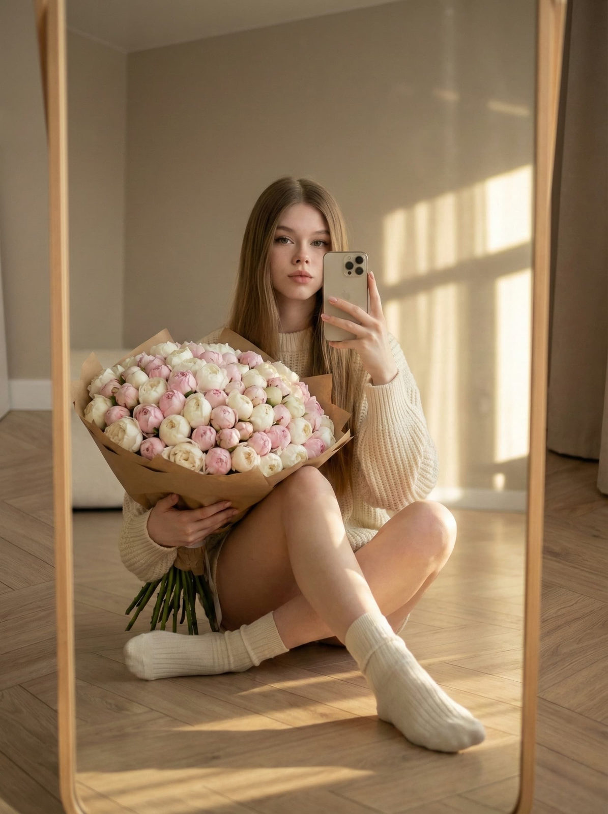 Hyperrealistic portrait of a woman taking a mirror selfie, seated with crossed legs, roses in hand, illuminated by warm golden hour light.
