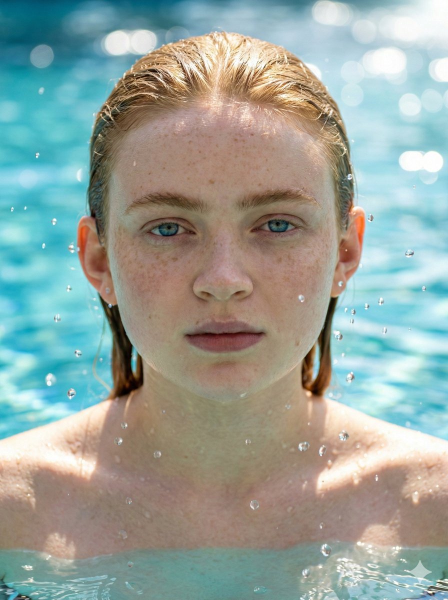 Close-up portrait of a blonde woman with wet hair, serene expression, and glistening skin, against a turquoise blue blurred background.