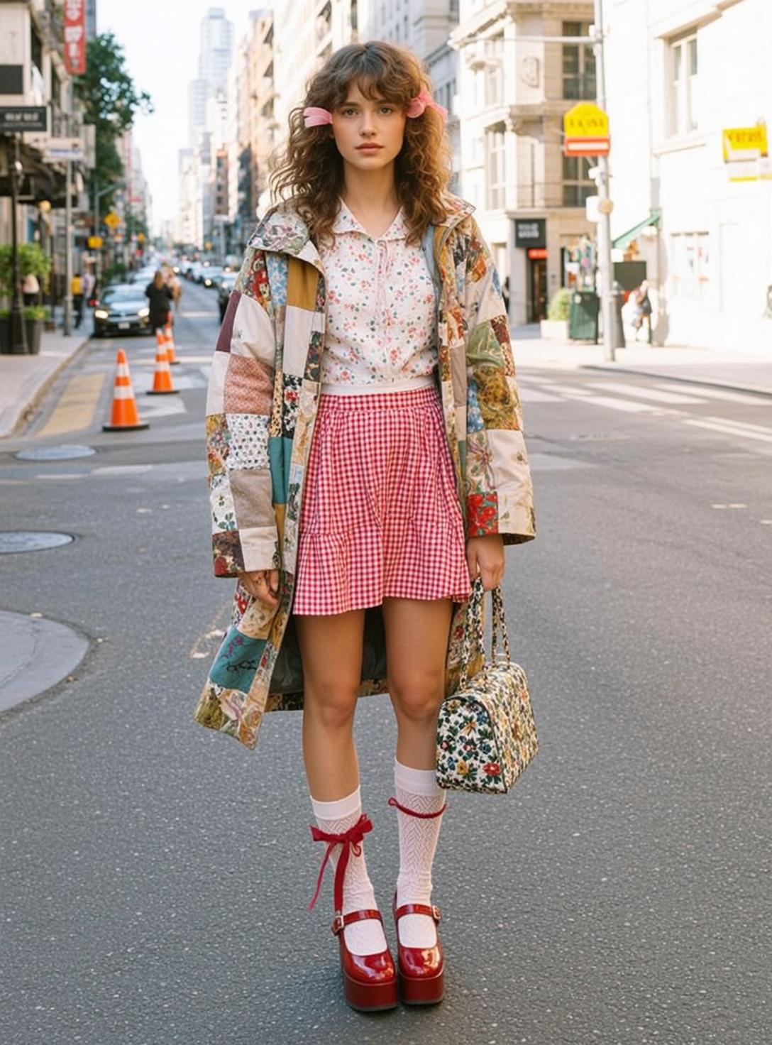 Patchwork Coat Gingham Street Look