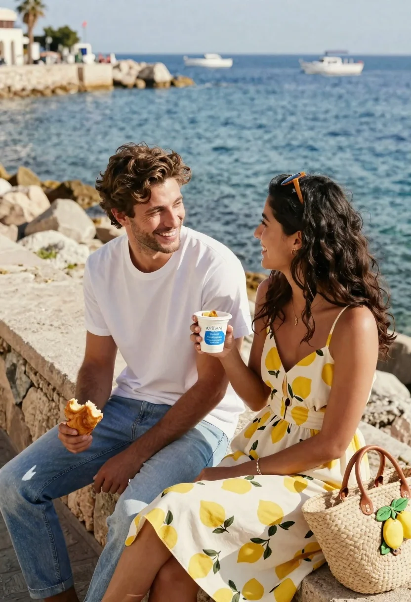 A happy couple sitting on a stone ledge by the seaside enjoying snacks, with a woven straw bag and bright sunlight.