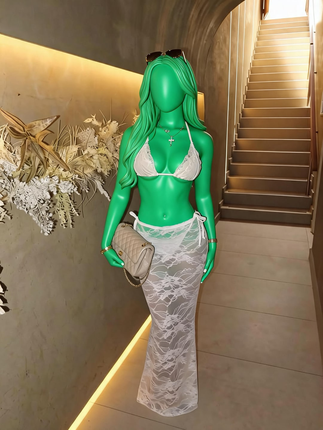 Template for White Lace Bikini And Maxi Skirt Holding Handbag