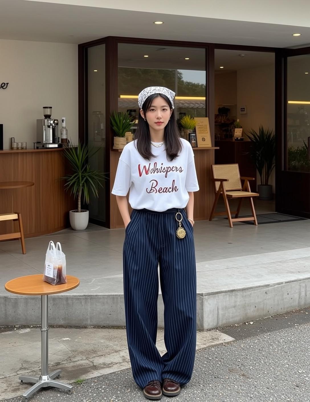 White Tee with Red Text Outside Cafe
