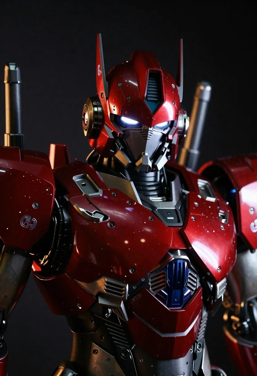 Hyper-realistic Close-up Red And Black Armored Robot Suit With Glowing reference photo