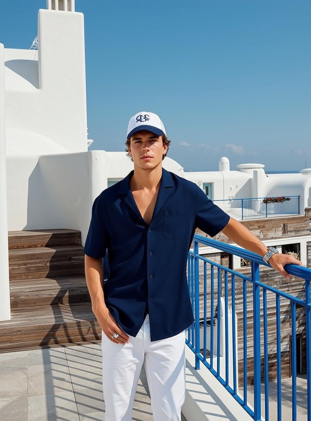 Young Brown Wavy Light Dark Blue Short-sleeved