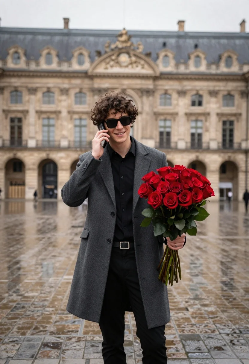 Young Man With Curly Dark Hair Stands Wide European Plaza