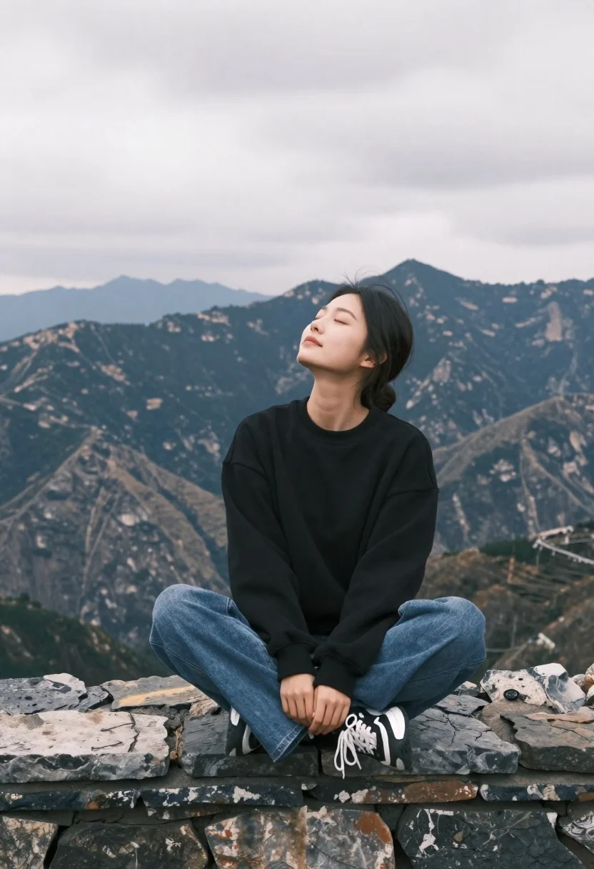 Young Woman Sits Cross-legged Atop Rugged Stone Wall With Her