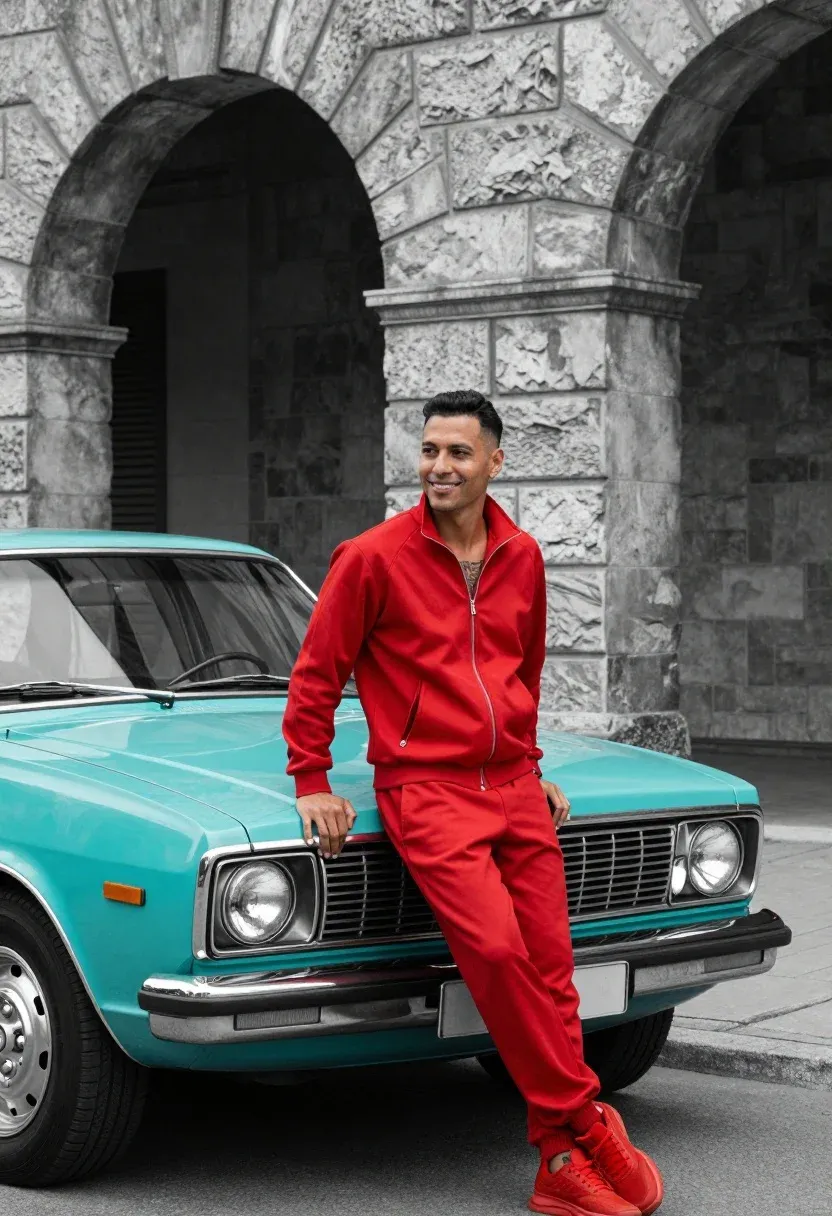 Man Leans Casually Against The Hood Vintage Turquoise Car Parked