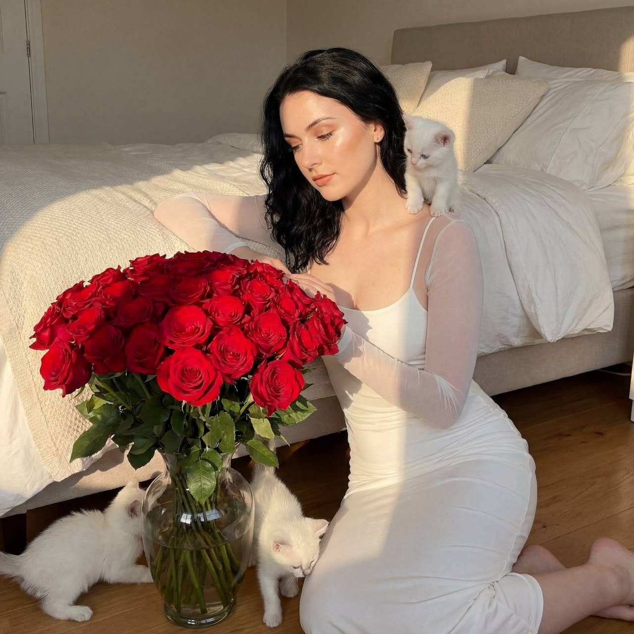 A woman with wavy hair in an elegant outfit sits next to a bed, looking at a large bouquet of red roses during golden hour.