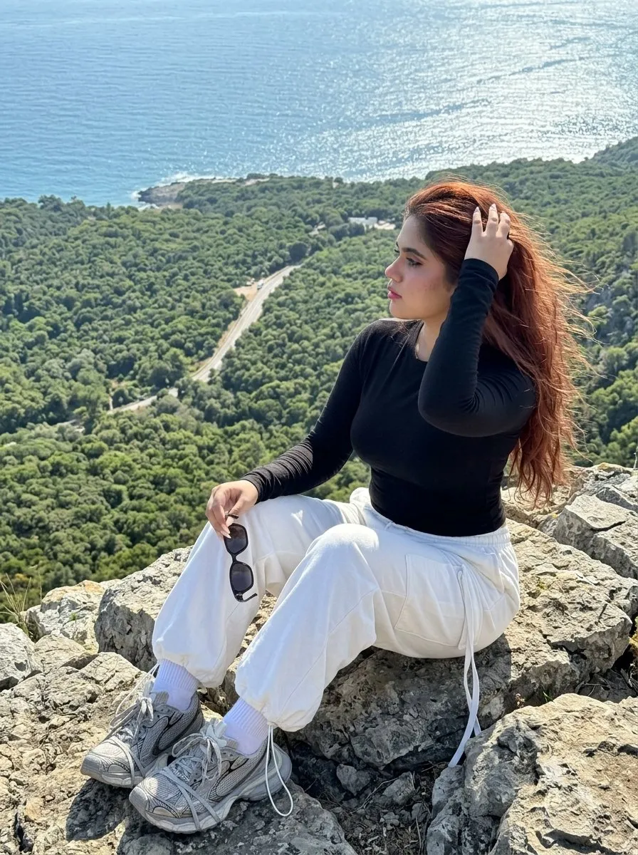 Girl On Cliff Overlooking Sea And Mountains