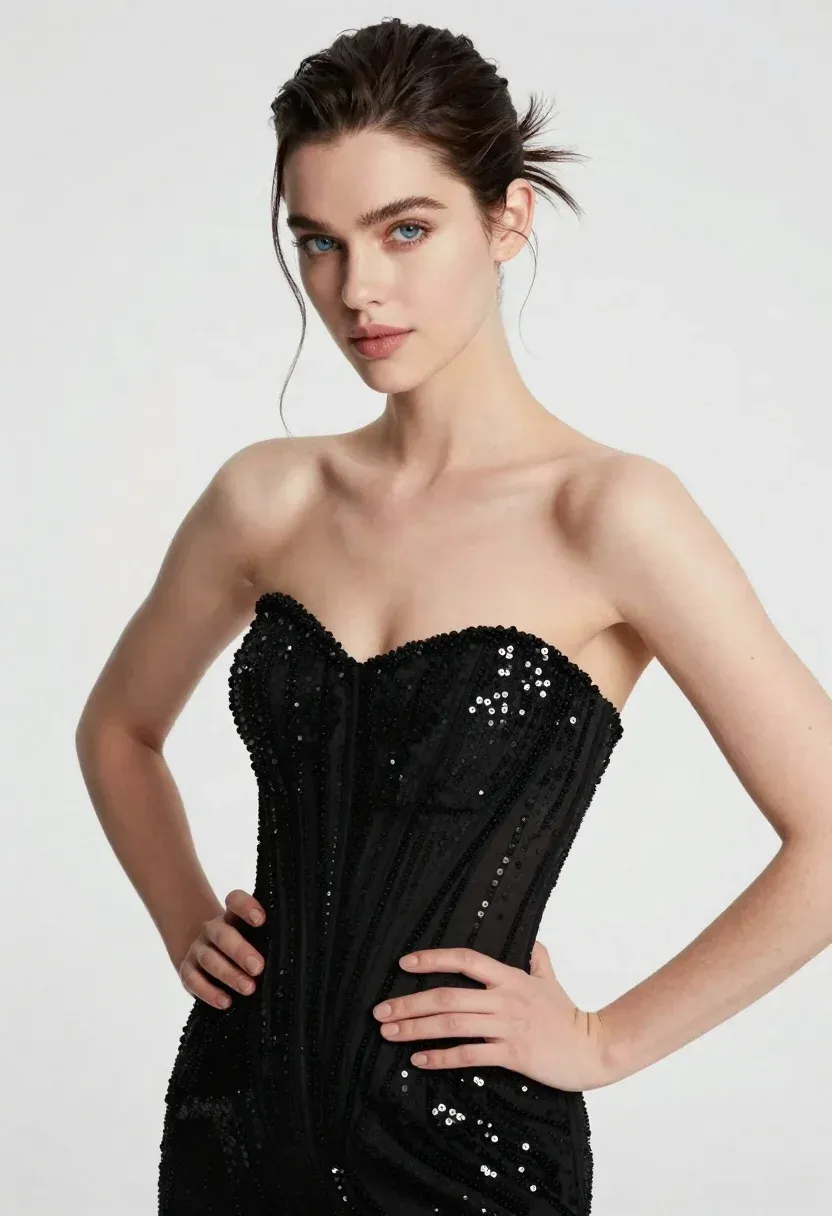 High-fashion Portrait Woman With Dark Hair Pulled Back Into Sleek