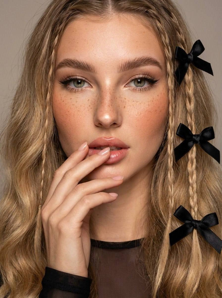 A close-up of a young woman with soft doll-like features, large expressive eyes, and delicate freckles, wearing a sheer black top, with hair styled in soft waves and bows.