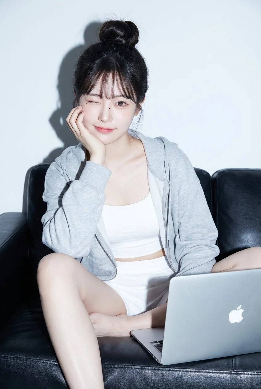 A captivating East Asian woman in a relaxed pose on a sofa, styled in casual home attire with vibrant highlights.
