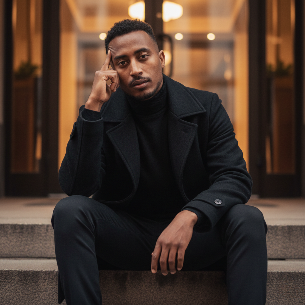 A cinematic portrait of a person in a black turtleneck and coat, seated on outdoor stone steps, gazing confidently at the camera.
