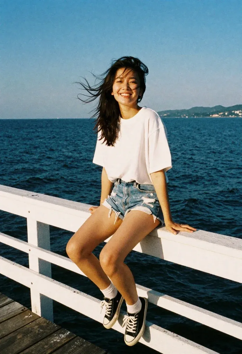 Candid Portrait Smiling Young Woman Sitting The Railing White Wooden