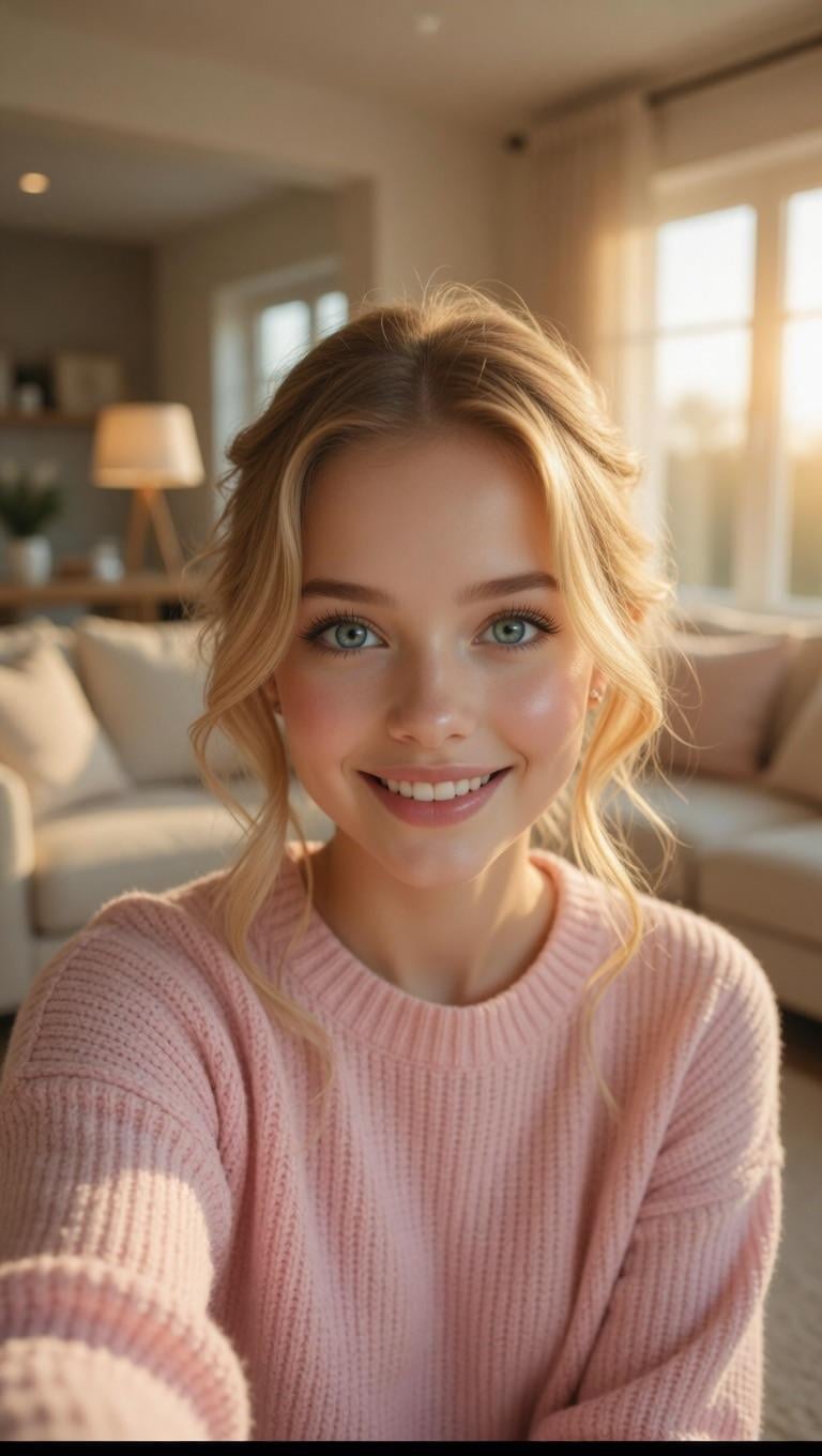 Soft Pink Sweater Selfie Bright Airy Living Room