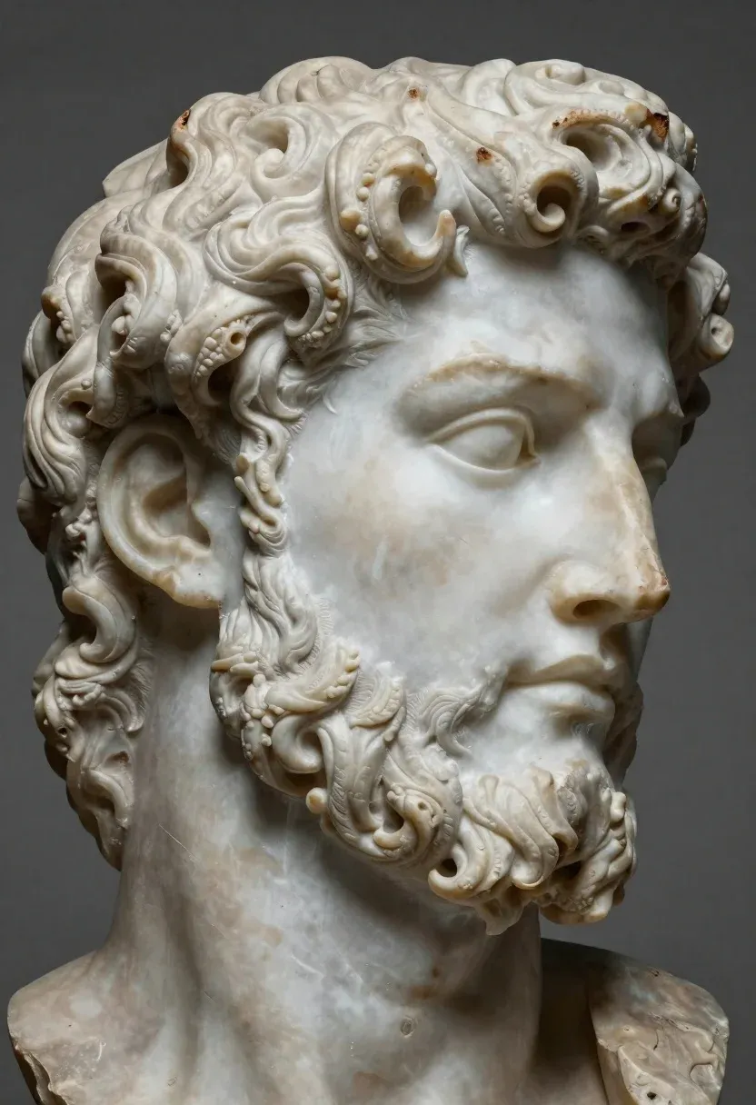 Marble Sculpture Close-up Classical Male Head Profile With Intricate Carved