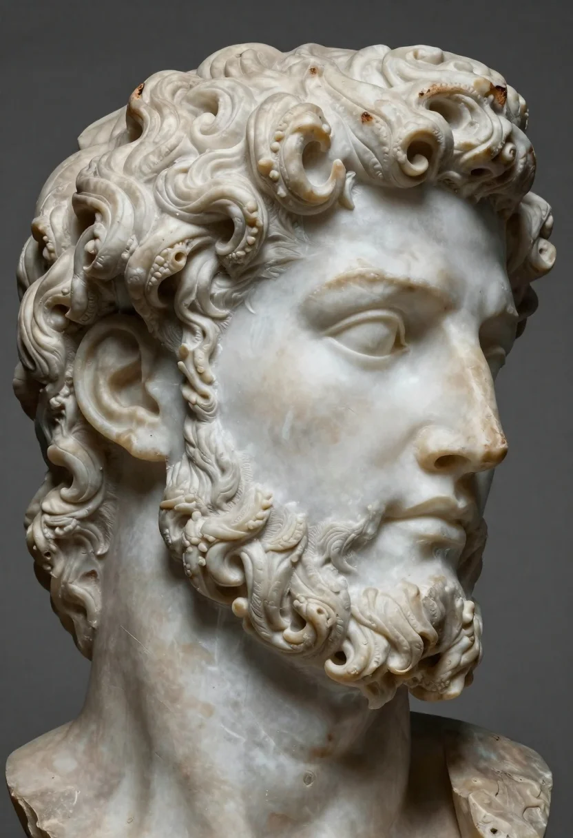 Marble Sculpture Close-up Classical Male Head Profile With Intricate Carved reference photo