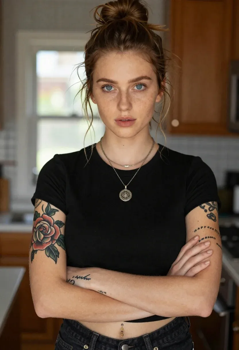 Portrait Young Woman With Light Brown Hair Tied Messy Bun