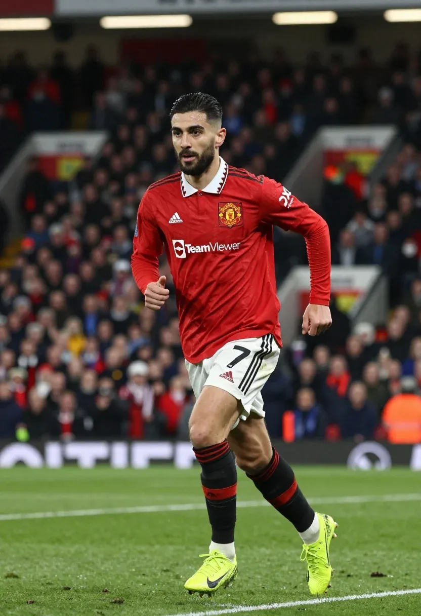 Professional Football Player Mid-stride Green Pitch Wearing Red Long-sleeved Jersey