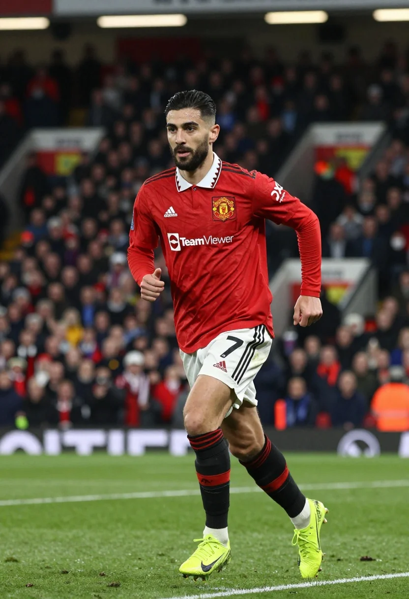 Professional Football Player Mid-stride Green Pitch Wearing Red Long-sleeved Jersey