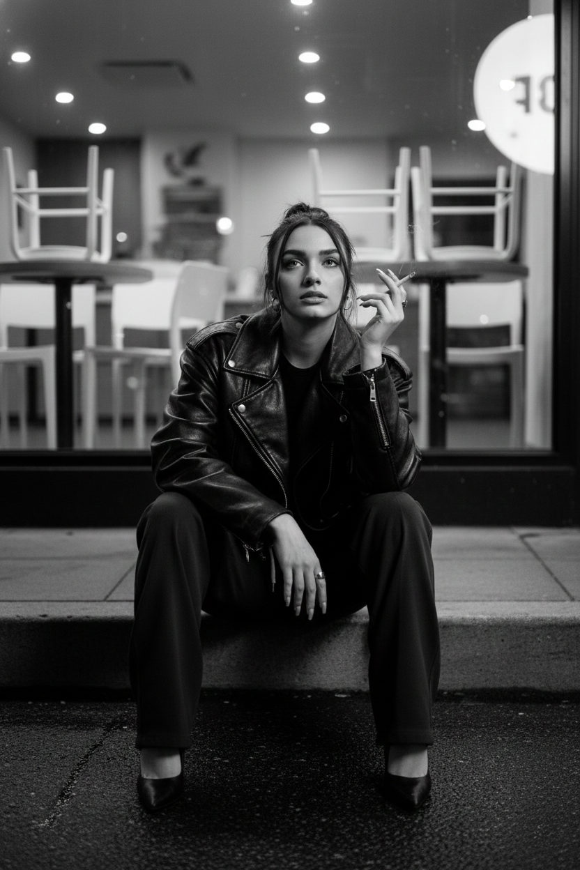 A woman in a robust leather jacket sits elegantly on a curb, gazing thoughtfully at a café with reflections and empty chairs.