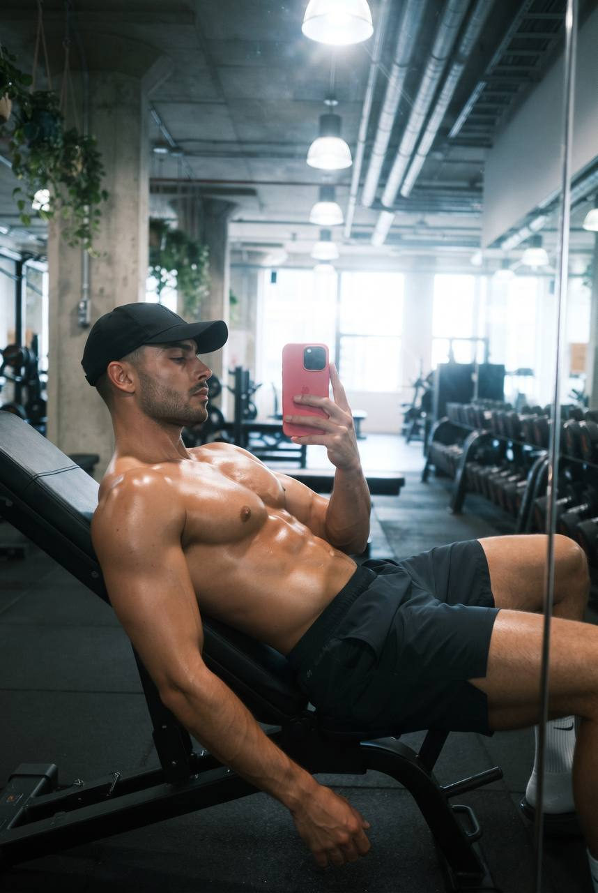 Muscular Man Gym Selfie Low Angle Reclined Bench