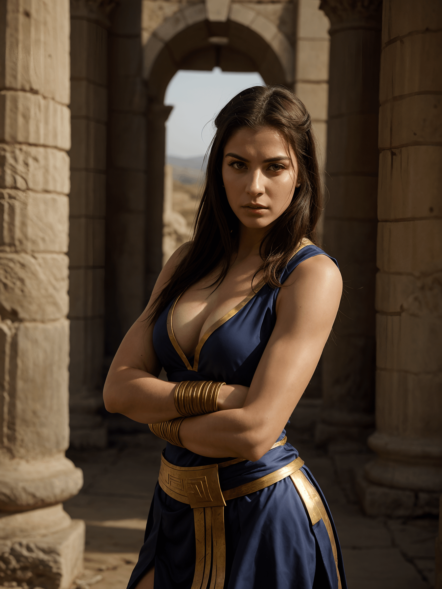 Desert Ruin Woman Gold Trim Dress Stone Columns
