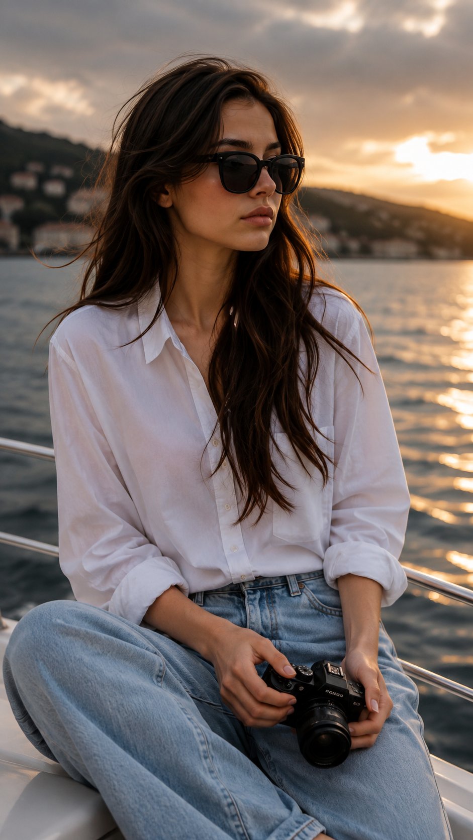 Luxury Boat Sunset Coastal Cityscape