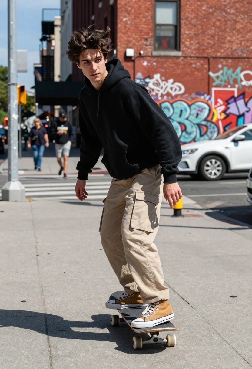 Young Man With Messy Dark Hair Rides Skateboard Down City