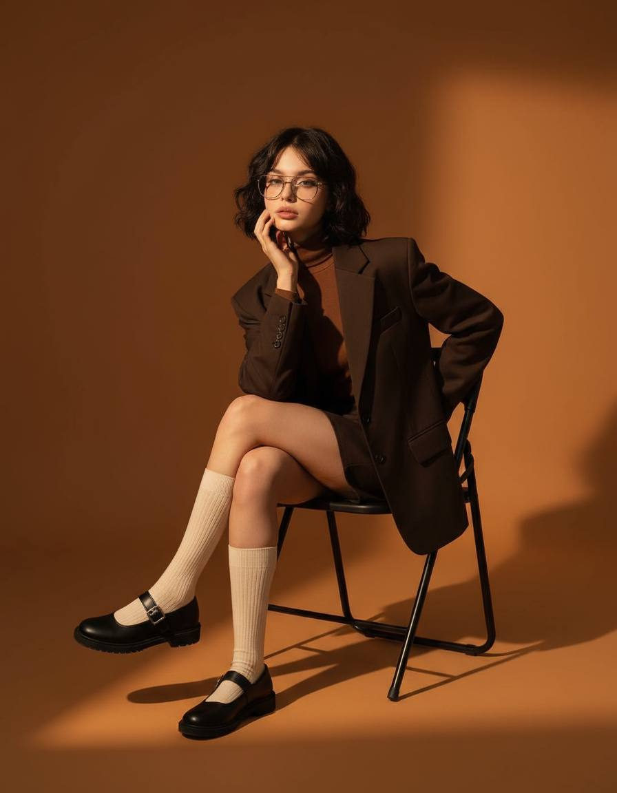 Full-body portrait of a user in a chocolate blazer sitting elegantly on a folding chair with stylish glasses.
