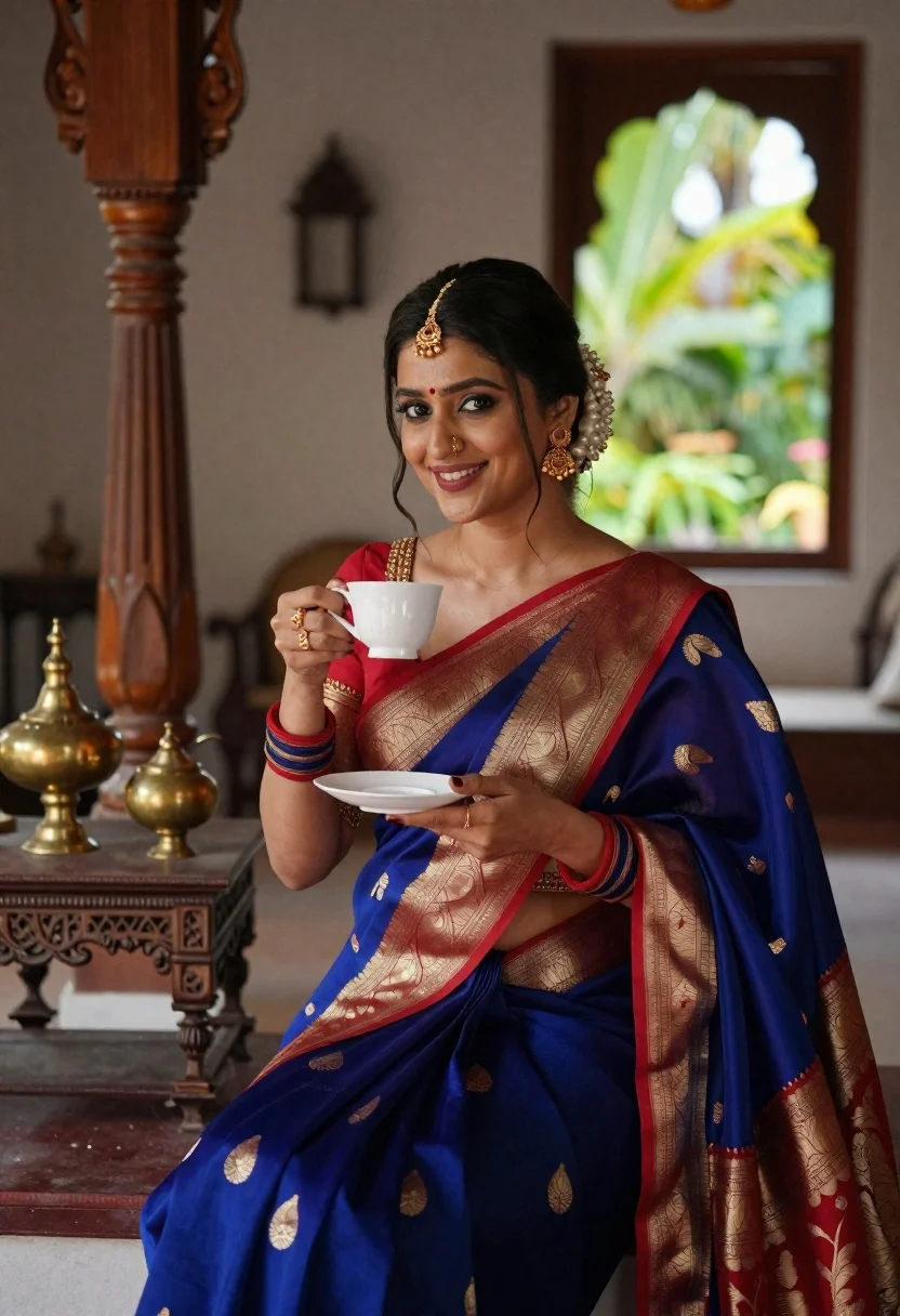 Smiling Woman Traditional Indian Attire Holding Teacup Subject Beautiful Woman
