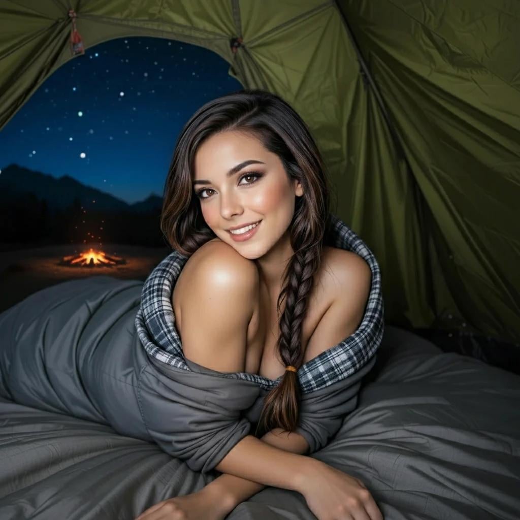Cozy Nighttime Campsite Portrait Inside Green Tent