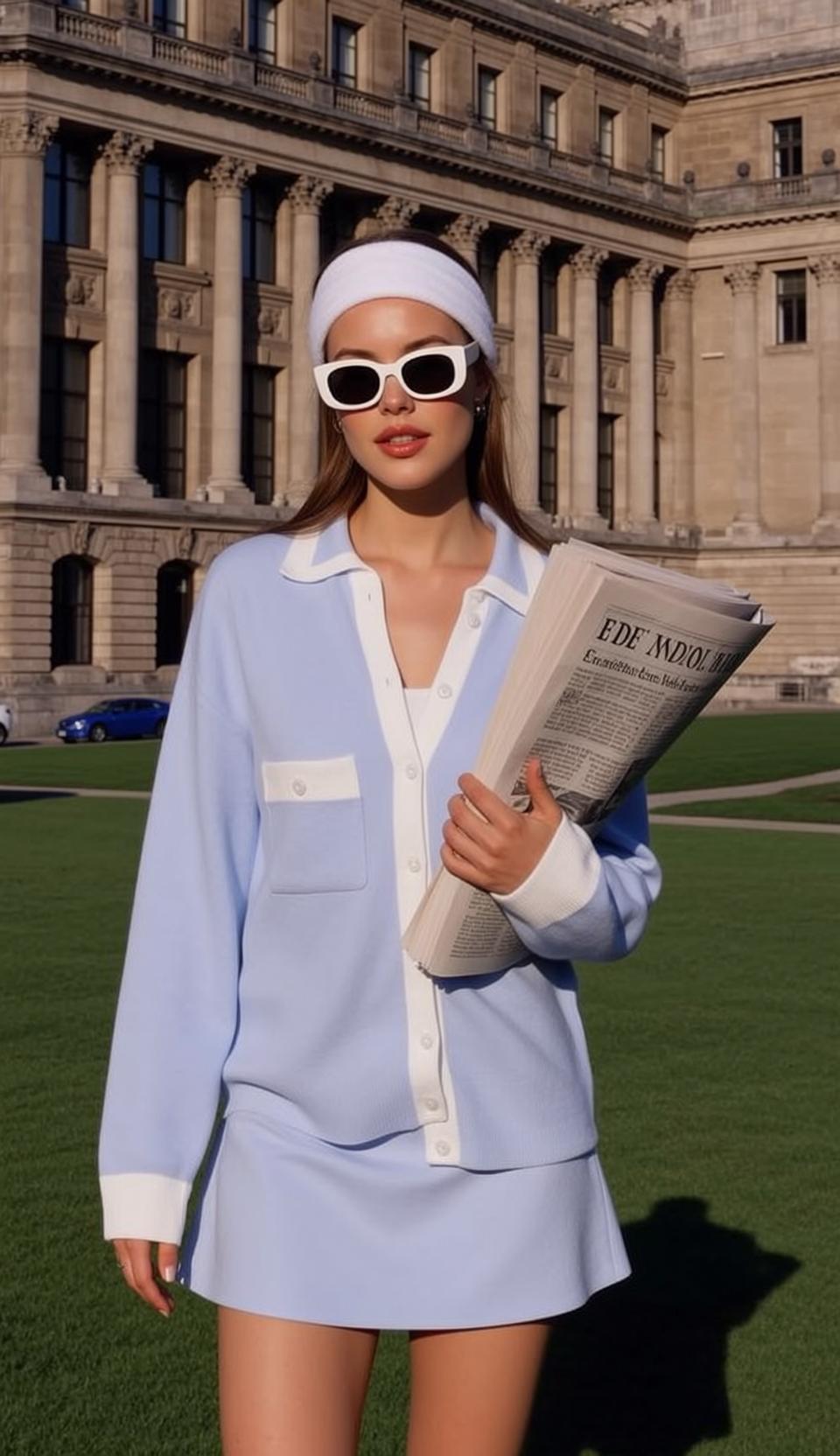 Blue Cardigan White Skirt Sunglasses Outdoors Classical Building