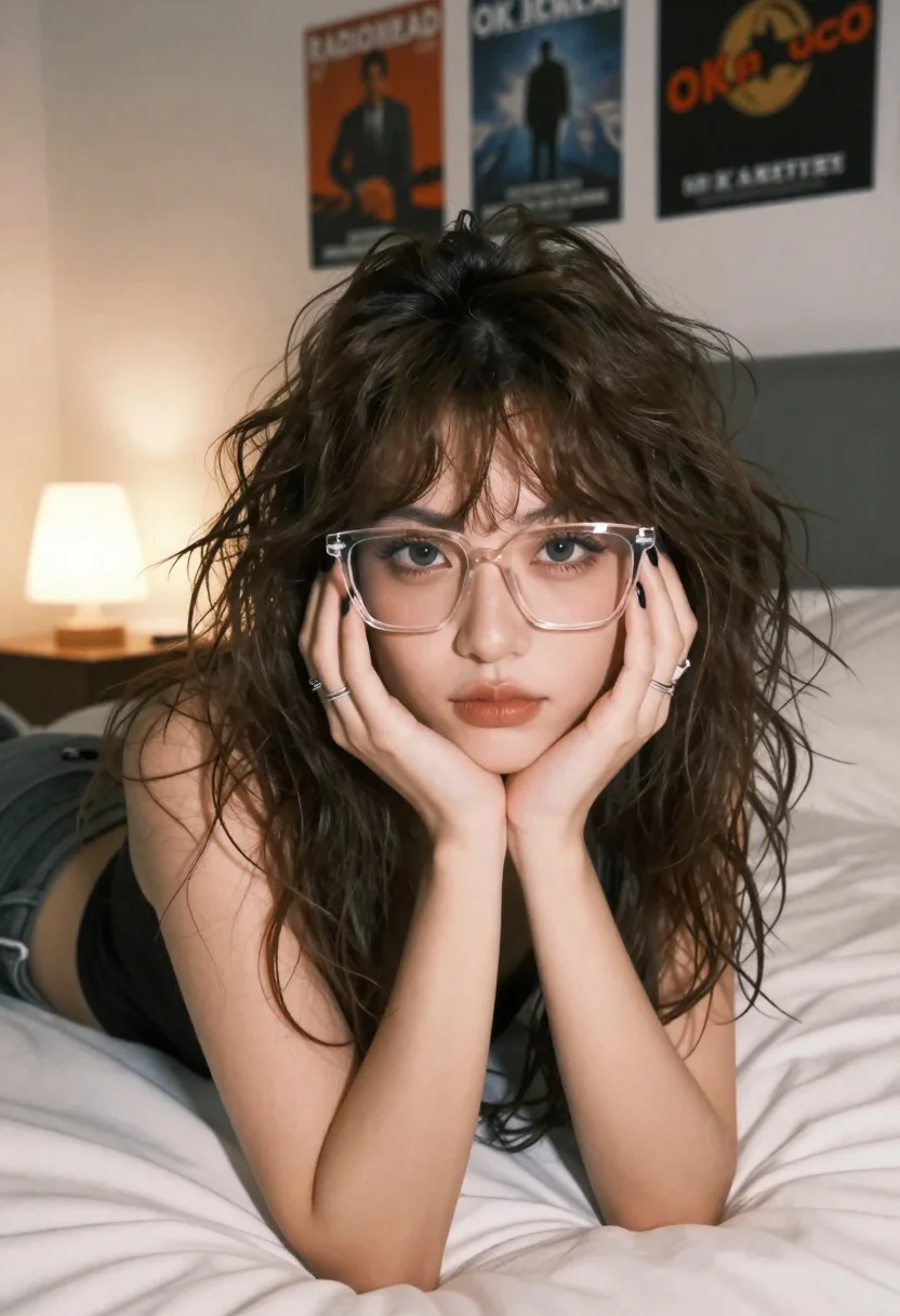 Young Woman With Messy Brown Hair And Bangs Lies Bed