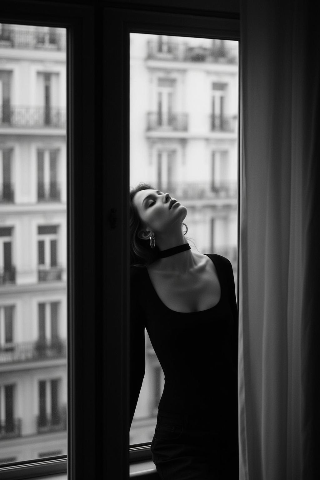 Photorealistic Black And White Portrait Woman Leaning Against Window Frame
