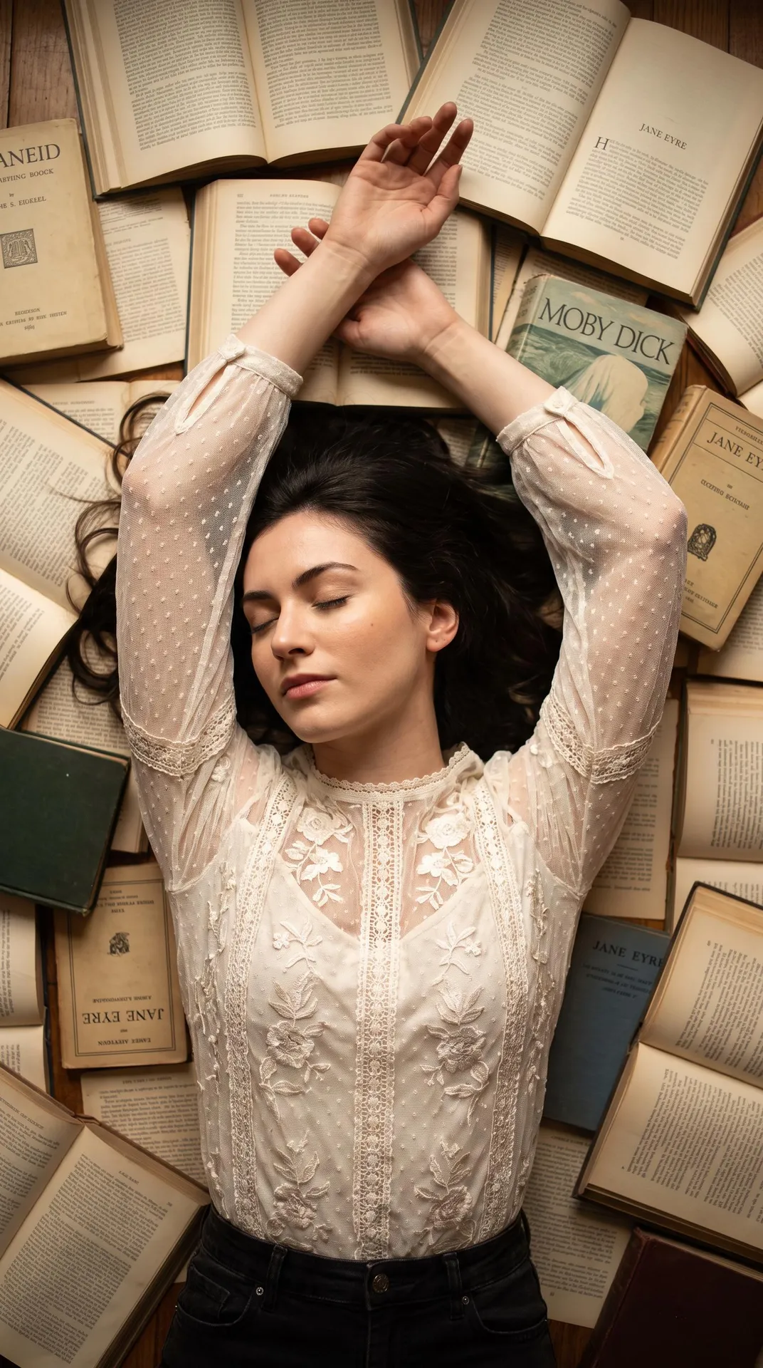 Lying On Vintage Books Overhead Shot