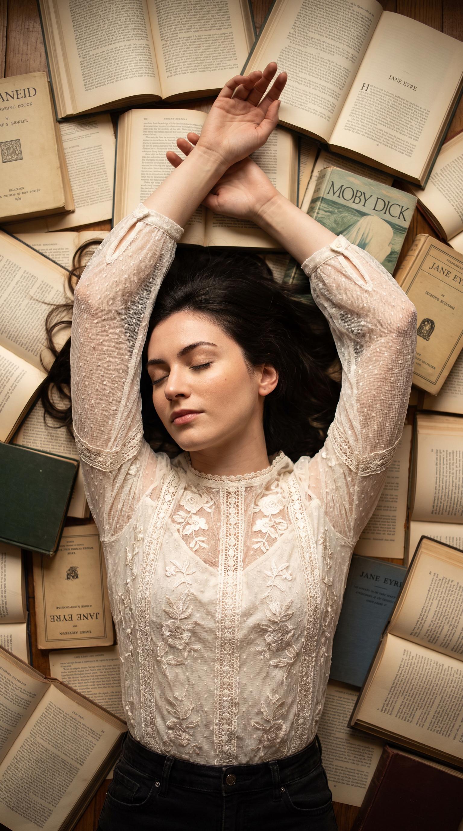 Lying On Vintage Books Overhead Shot
