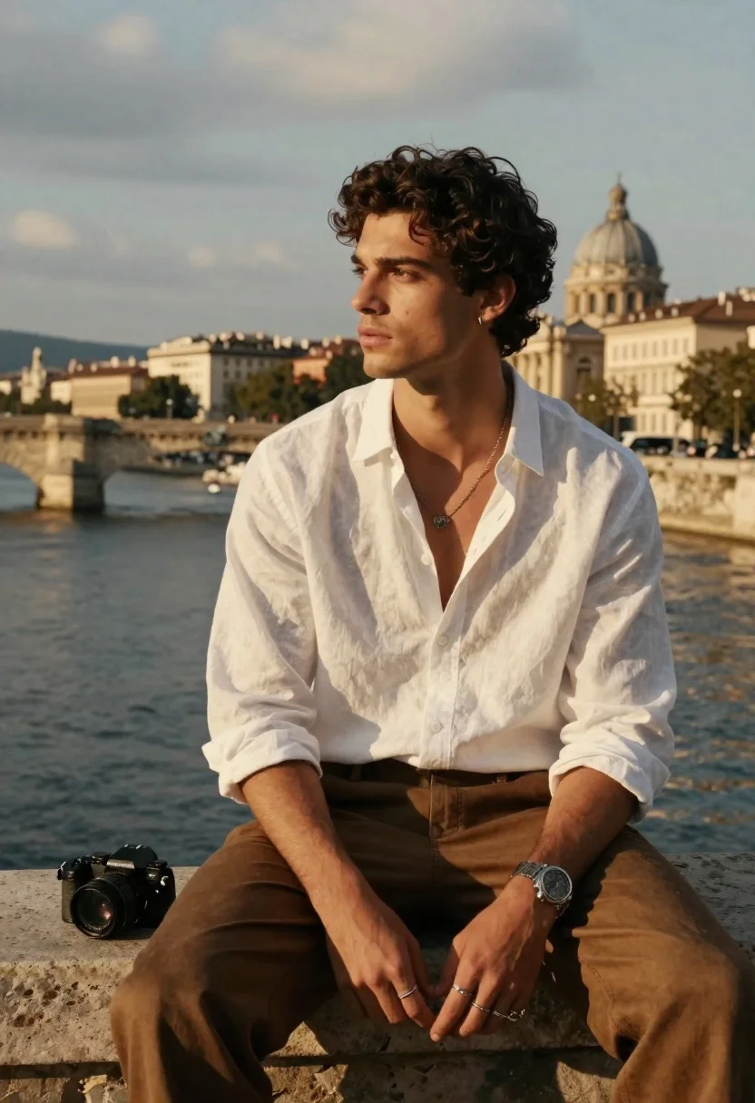 Handsome Young Man With Dark Curly Hair Sits Contemplatively Stone