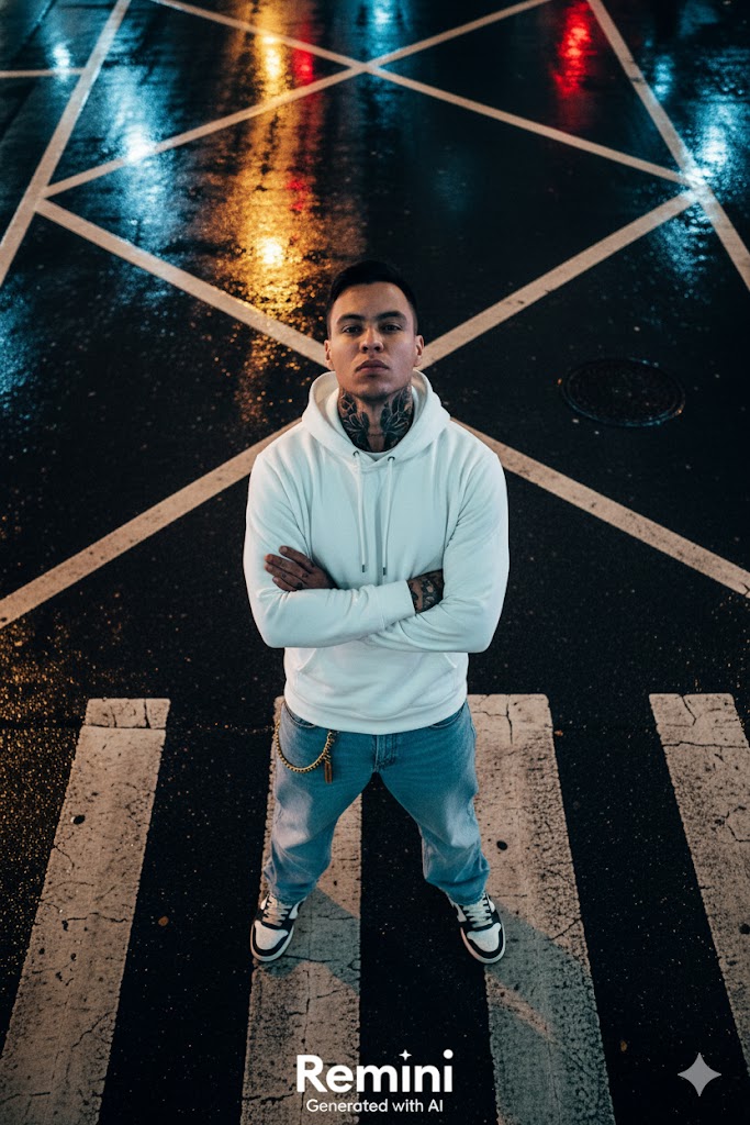 A striking streetwear portrait on a rain-slicked crosswalk, showcasing a person in a white hoodie with tattoos and sneakers, illuminated by streetlight reflections.