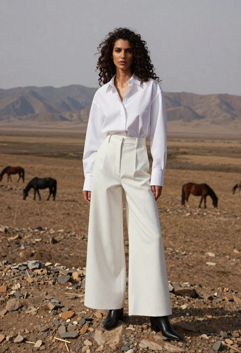 Fashion Editorial Photograph Woman Standing Confidently Rocky Ridge Open Steppe reference photo
