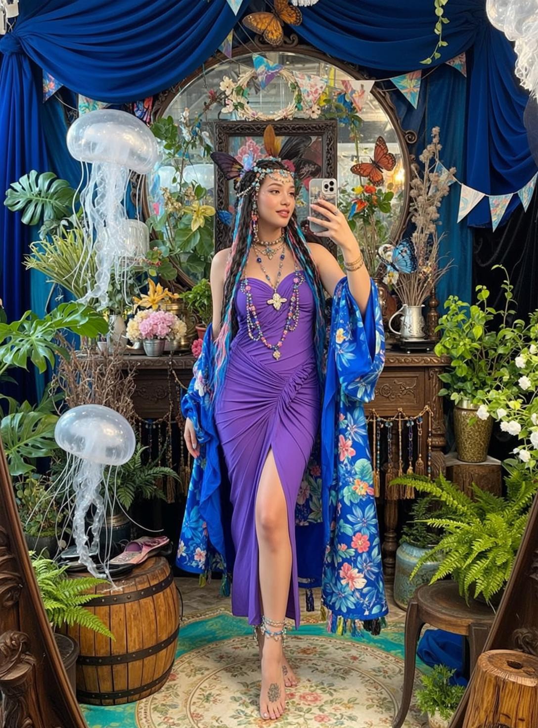 Pink Blue Braid Purple Dress Kimono Selfie