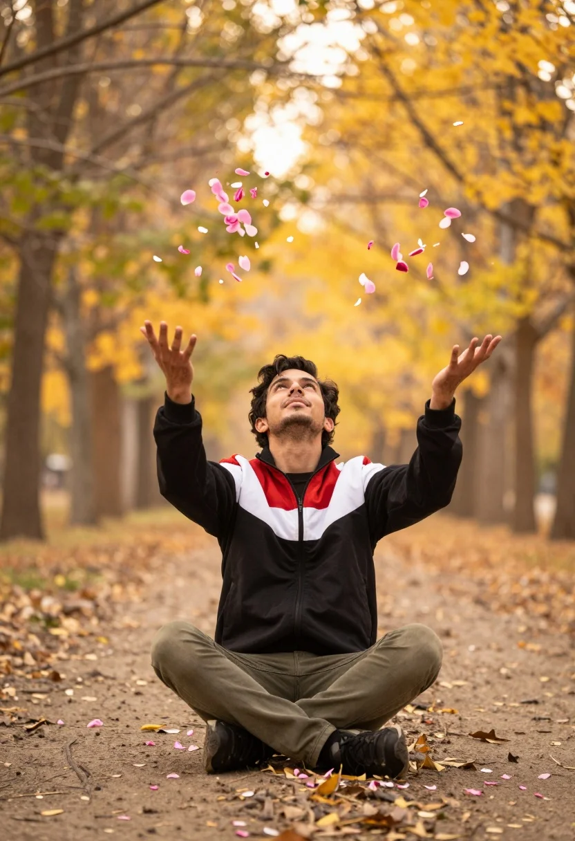 Man Sits Cross-legged Dirt Path Autumnal Park Tossing Pink Flower