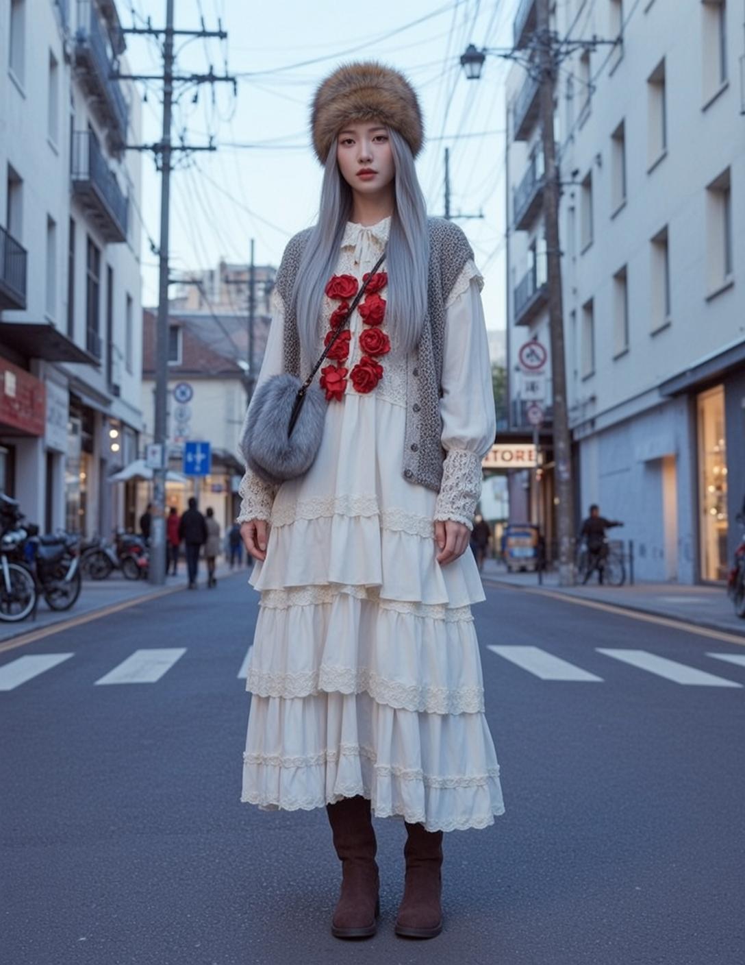 Fur Hat Crosswalk Dress Look