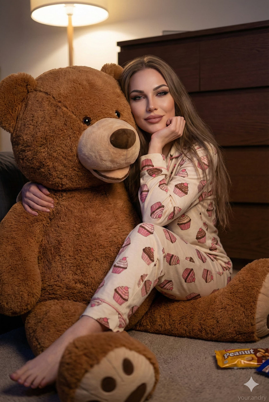 A young woman seated on the floor, hugging a giant teddy bear in a cozy bedroom setting.
