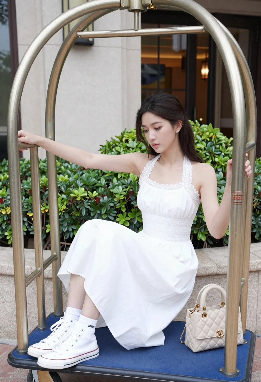 Woman Sits Gracefully Blue Luggage Cart Outdoor Hotel Setting Subject reference photo
