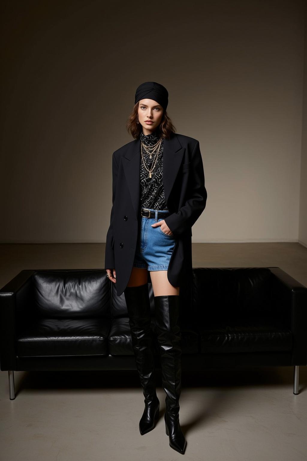 Black Turtleneck Denim Shorts Studio Fashion Editorial