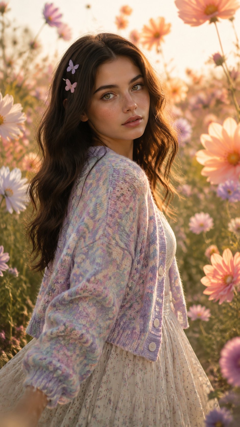 Pastel Cardigan Cosmos Field Golden Hour