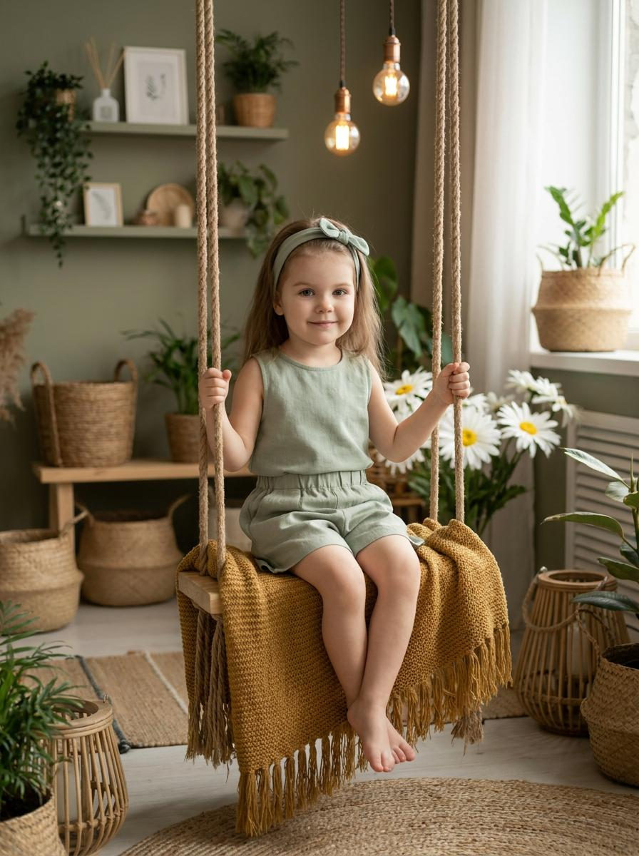 Girl On Wooden Swing In Botanical Interior