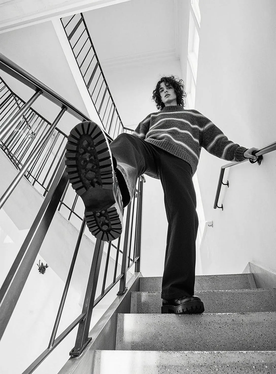 Curly Hair Striped Sweater Concrete Stairs Low Angle